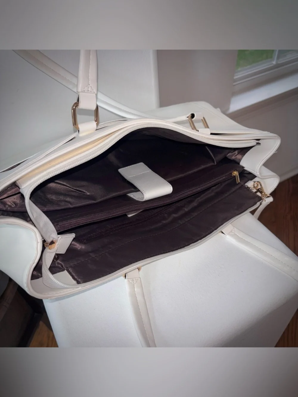 White Faux Leather Laptop Tote Bag Minimalist Work Office Commuter Carryall